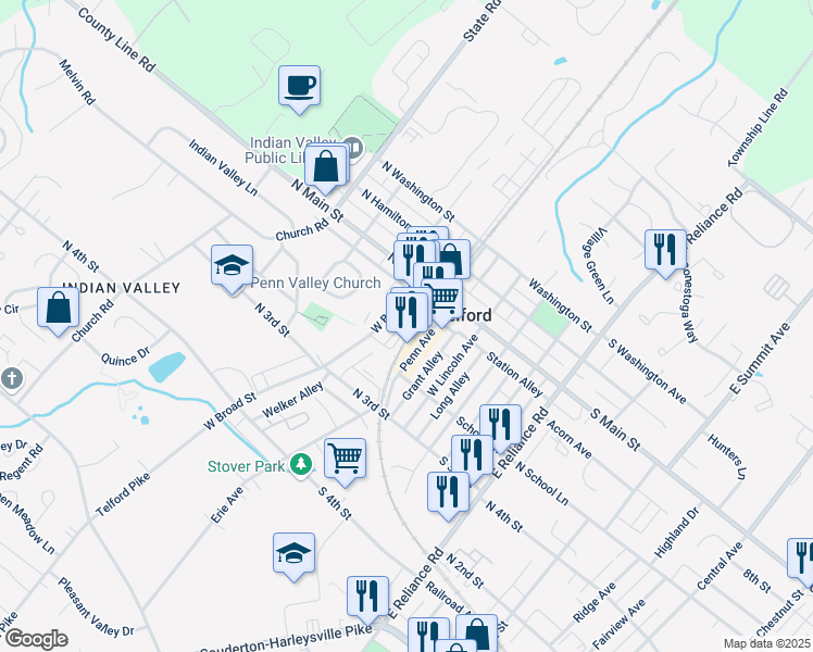 map of restaurants, bars, coffee shops, grocery stores, and more near 124 North Station Street in Telford