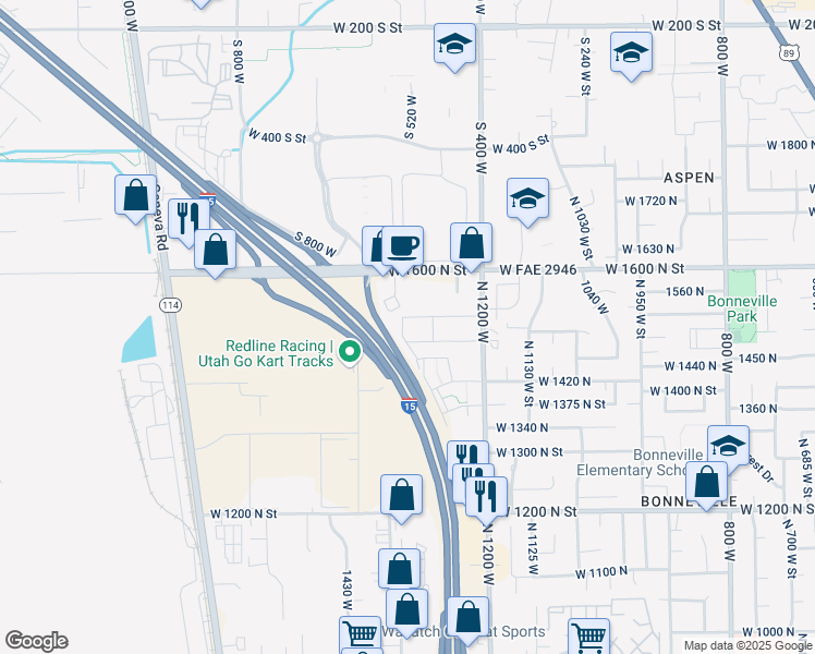 map of restaurants, bars, coffee shops, grocery stores, and more near 1512 North 1335 West in Orem