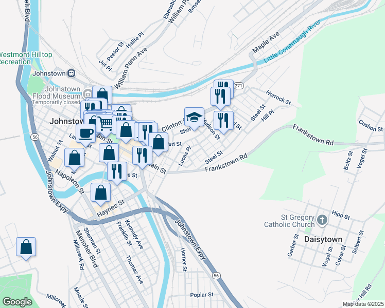 map of restaurants, bars, coffee shops, grocery stores, and more near 729 Duke Place in Johnstown