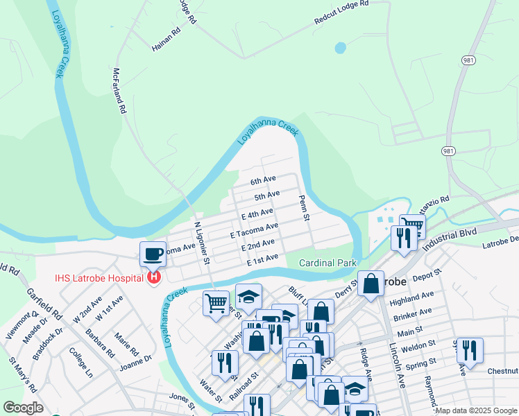 map of restaurants, bars, coffee shops, grocery stores, and more near 126 East 4th Avenue in Latrobe