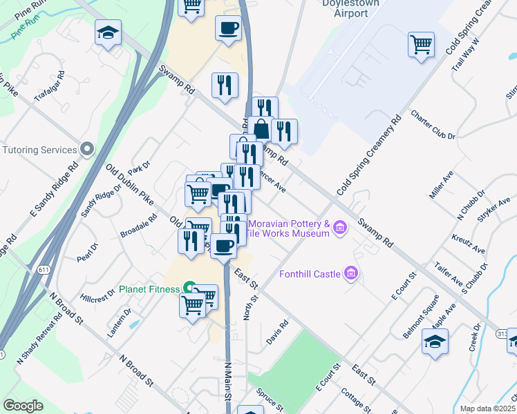 map of restaurants, bars, coffee shops, grocery stores, and more near 30 Chapman Avenue in Doylestown
