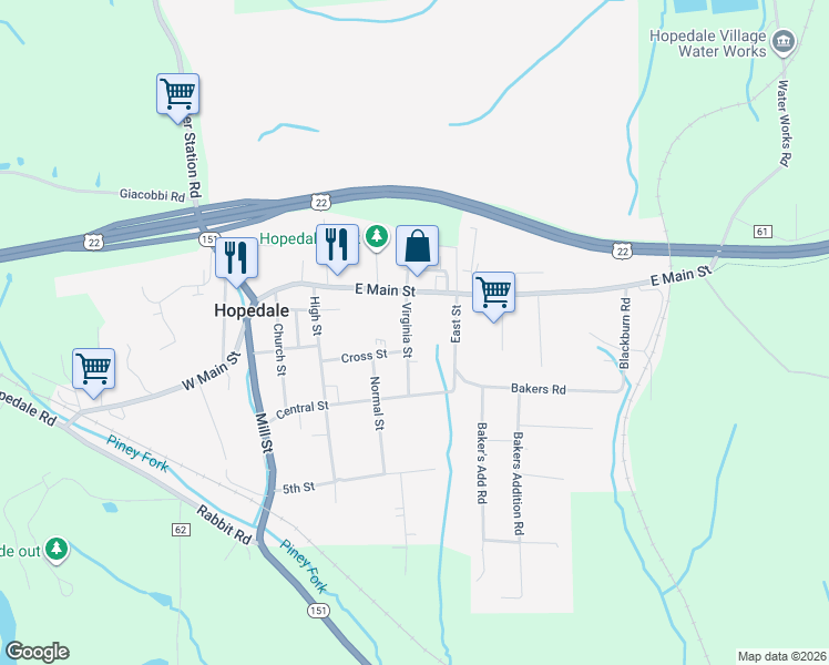 map of restaurants, bars, coffee shops, grocery stores, and more near 513 Virginia Street in Hopedale