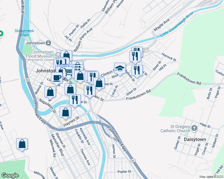 map of restaurants, bars, coffee shops, grocery stores, and more near 123 Adams Street in Johnstown