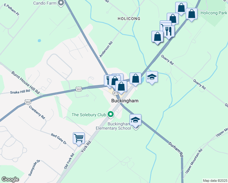 map of restaurants, bars, coffee shops, grocery stores, and more near 2544 Durham Road in Doylestown