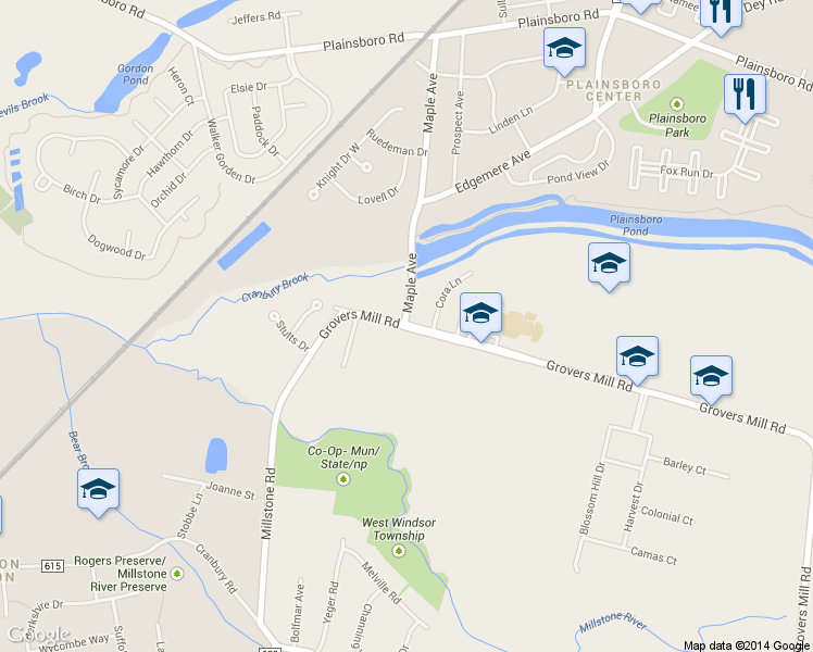 map of restaurants, bars, coffee shops, grocery stores, and more near 107 Grovers Mill Rd in Plainsboro Township