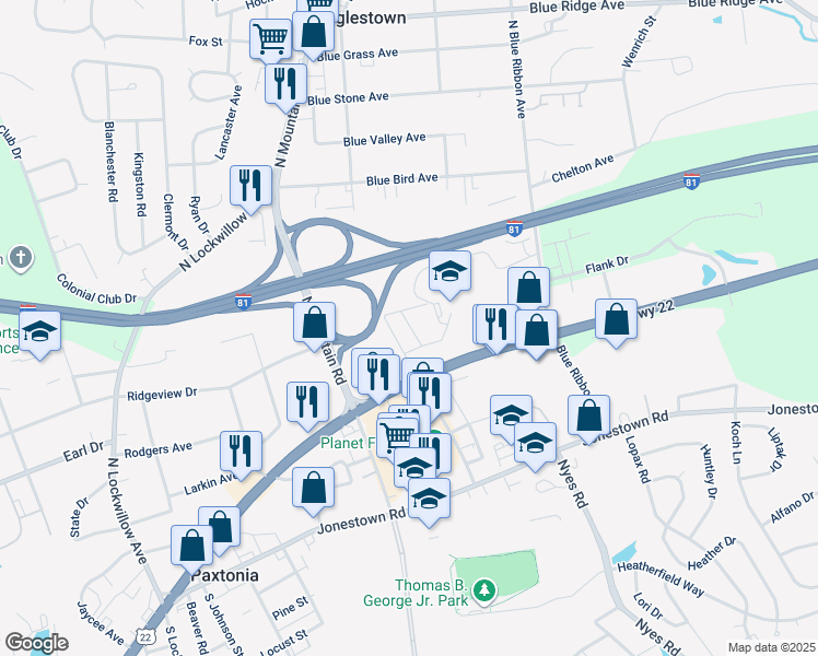map of restaurants, bars, coffee shops, grocery stores, and more near 156 Emma Circle in Harrisburg