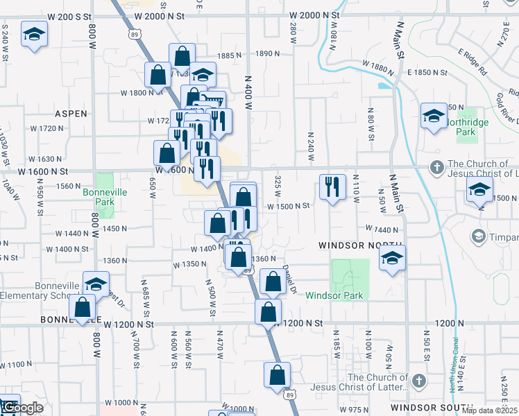 map of restaurants, bars, coffee shops, grocery stores, and more near 384 West 1480 North Street in Orem