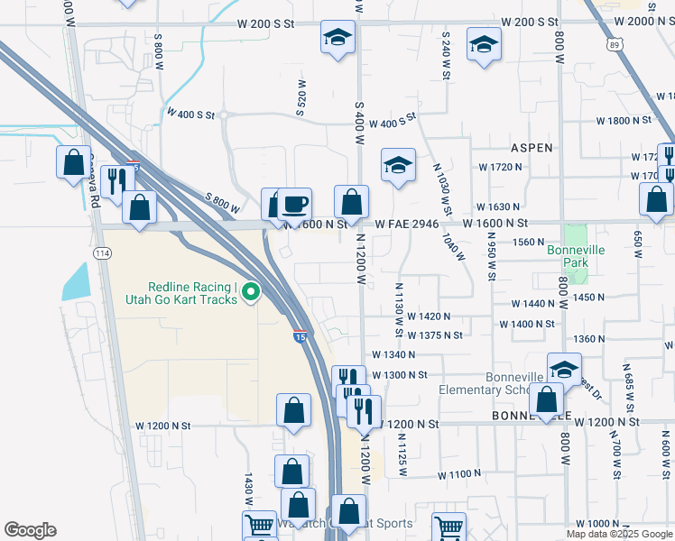 map of restaurants, bars, coffee shops, grocery stores, and more near 1260 West 1480 North Street in Orem