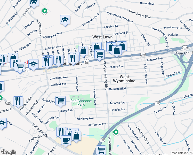 map of restaurants, bars, coffee shops, grocery stores, and more near 2401 Harrison Avenue in Reading