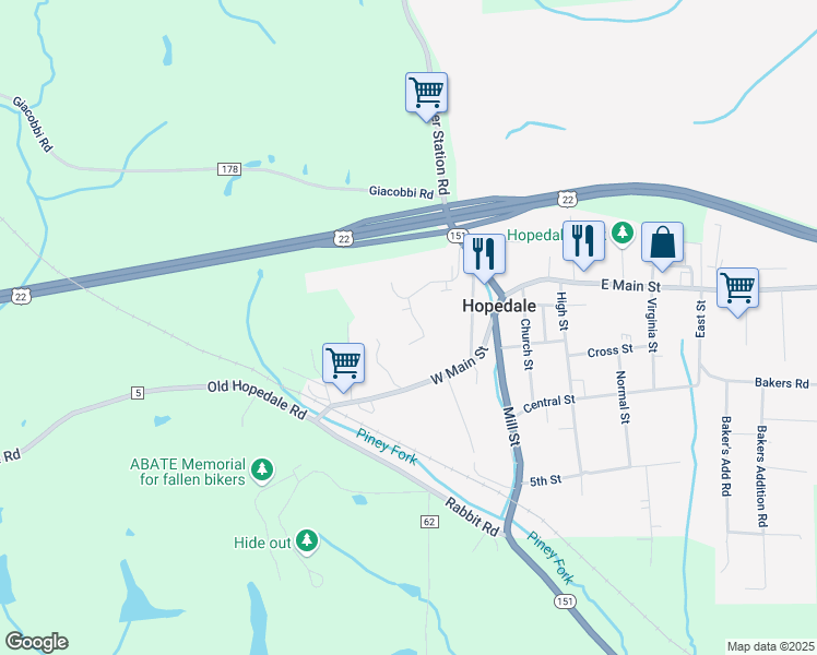 map of restaurants, bars, coffee shops, grocery stores, and more near 351 Lahm Drive in Hopedale