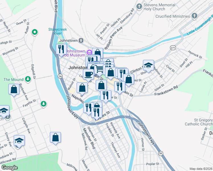 map of restaurants, bars, coffee shops, grocery stores, and more near 221 Franklin Street in Johnstown