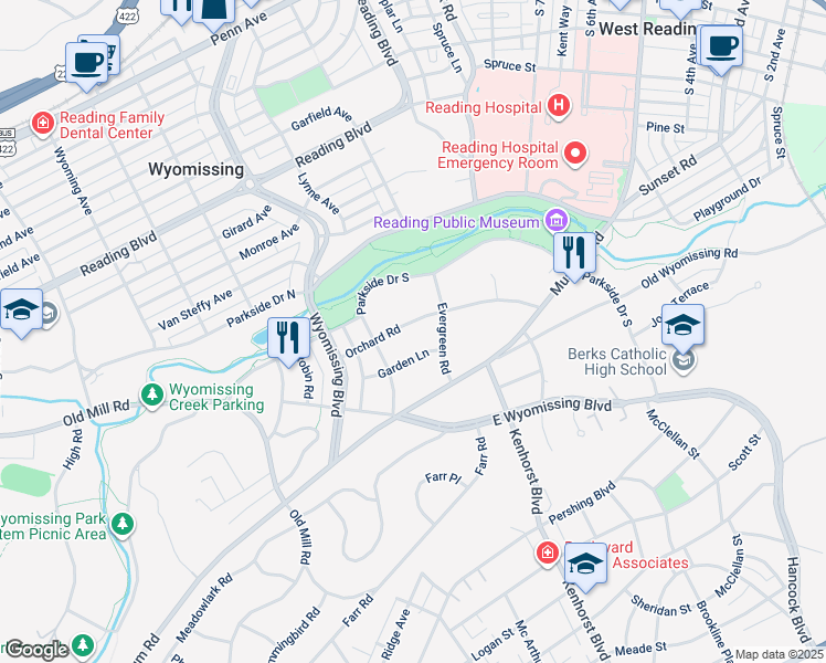 map of restaurants, bars, coffee shops, grocery stores, and more near 1304 Orchard Road in Reading