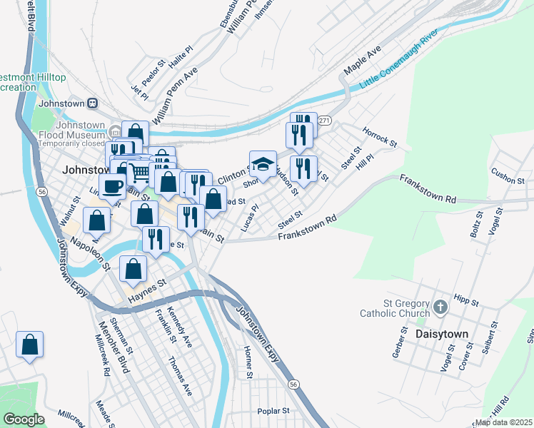 map of restaurants, bars, coffee shops, grocery stores, and more near Duke Place in Johnstown