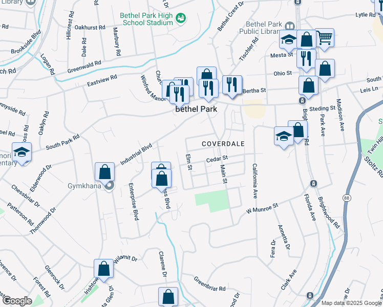 map of restaurants, bars, coffee shops, grocery stores, and more near 2897 Maple Street in Bethel Park
