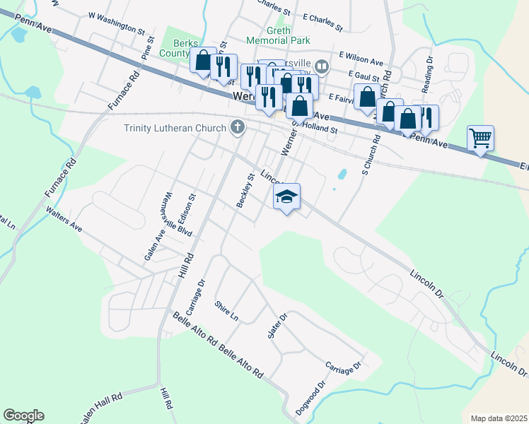 map of restaurants, bars, coffee shops, grocery stores, and more near 309 Werner Street in Wernersville