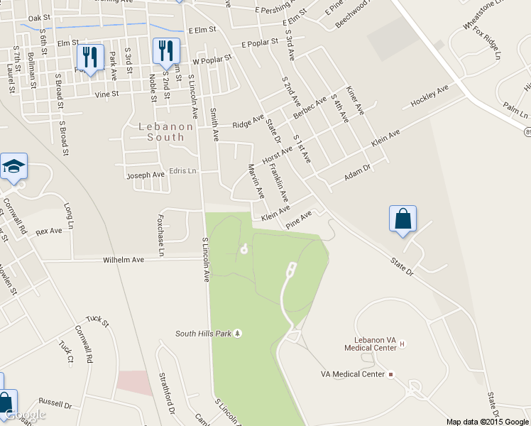 map of restaurants, bars, coffee shops, grocery stores, and more near 20 Klein Avenue in Lebanon