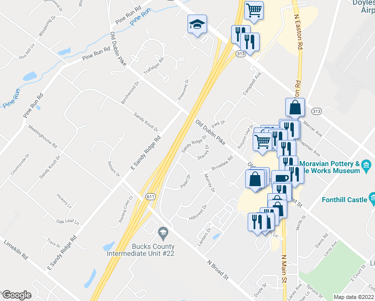 map of restaurants, bars, coffee shops, grocery stores, and more near 28 Sandy Ridge Drive in Doylestown