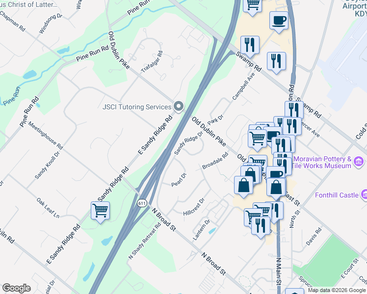 map of restaurants, bars, coffee shops, grocery stores, and more near 52 Stacey Drive in Doylestown