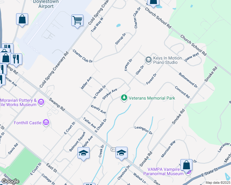 map of restaurants, bars, coffee shops, grocery stores, and more near 722 Stryker Avenue in Doylestown