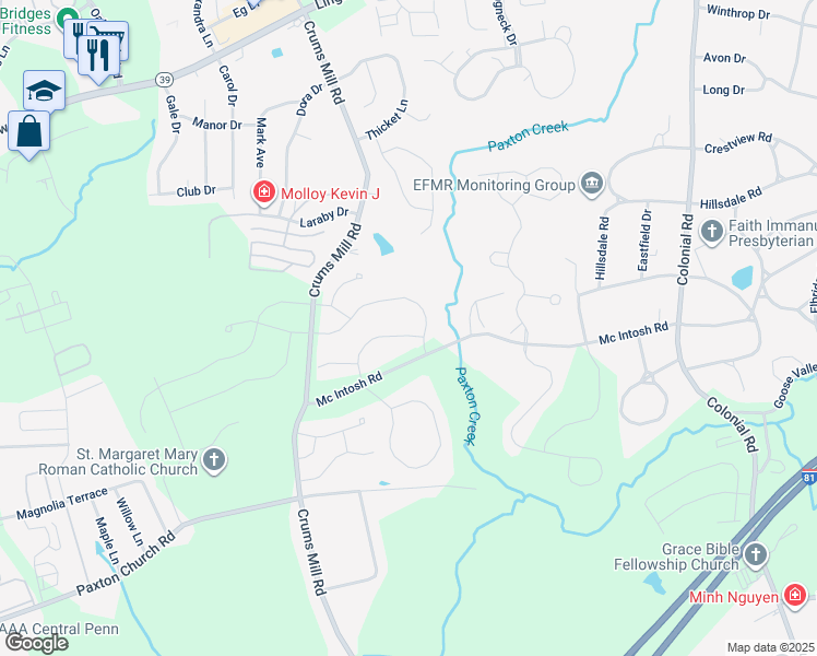 map of restaurants, bars, coffee shops, grocery stores, and more near 3928 Seattle Slew Drive in Harrisburg
