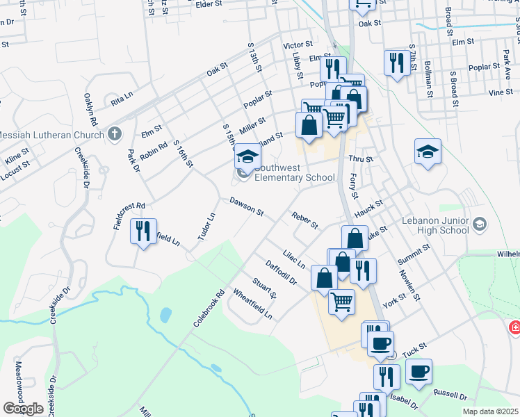 map of restaurants, bars, coffee shops, grocery stores, and more near 924 Dawson Street in Lebanon