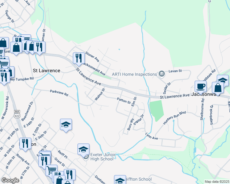 map of restaurants, bars, coffee shops, grocery stores, and more near 3640 Saint Lawrence Avenue in Reading