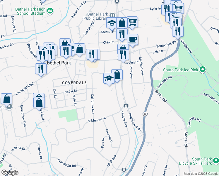 map of restaurants, bars, coffee shops, grocery stores, and more near 5400 Florida Avenue in Bethel Park