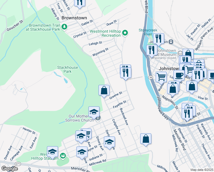 map of restaurants, bars, coffee shops, grocery stores, and more near 216 Mifflin Street in Johnstown