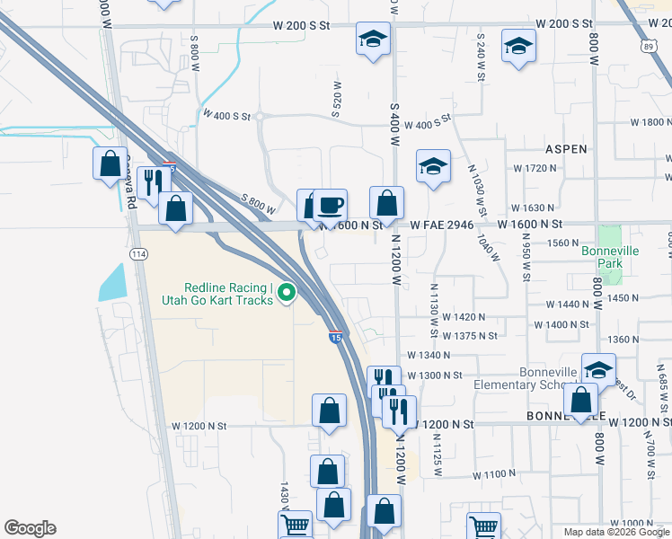 map of restaurants, bars, coffee shops, grocery stores, and more near 1322 West 1480 North Street in Orem