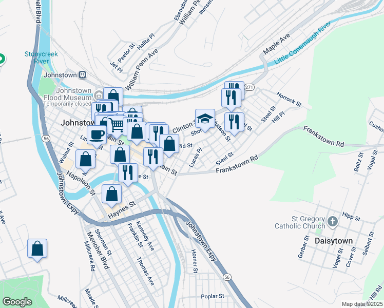 map of restaurants, bars, coffee shops, grocery stores, and more near 123 Adams Street in Johnstown