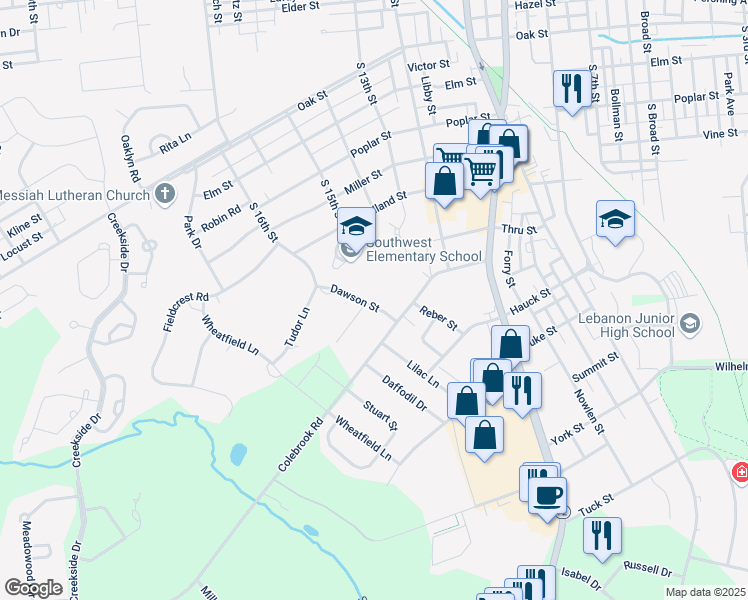 map of restaurants, bars, coffee shops, grocery stores, and more near 924 Dawson Street in Lebanon