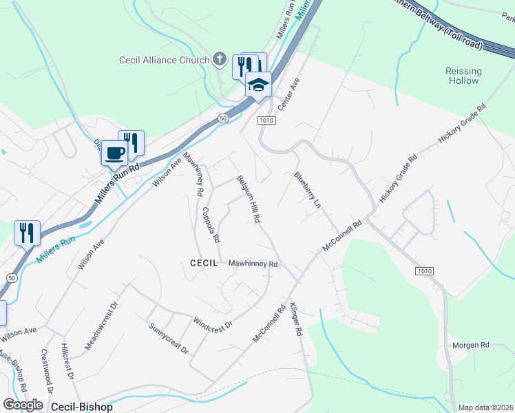 map of restaurants, bars, coffee shops, grocery stores, and more near 65 Belgium Hill Road in Cecil-Bishop