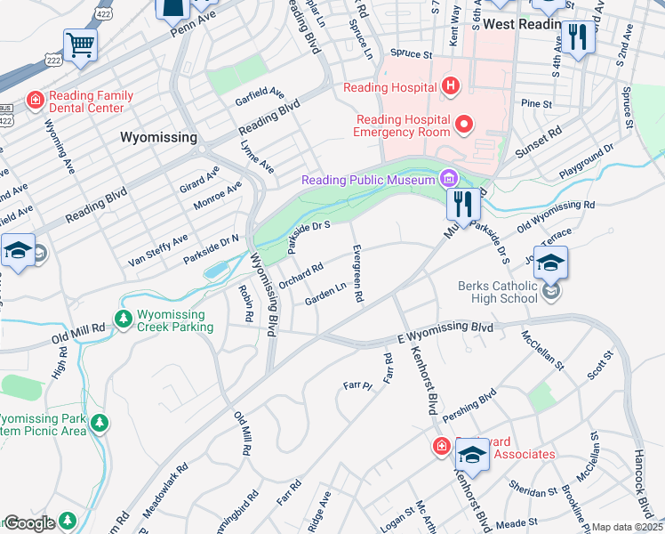 map of restaurants, bars, coffee shops, grocery stores, and more near 1304 Orchard Road in Reading