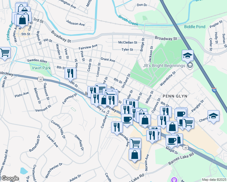 map of restaurants, bars, coffee shops, grocery stores, and more near 1106 9th Avenue in Irwin