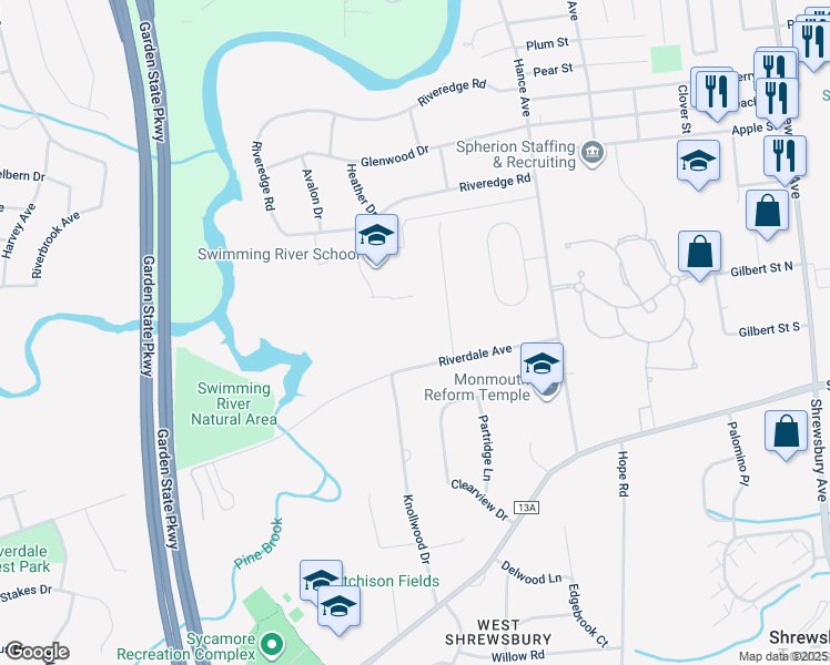 map of restaurants, bars, coffee shops, grocery stores, and more near 73 Riverdale Avenue East in Tinton Falls