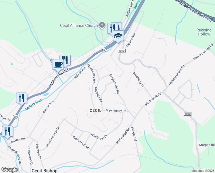 map of restaurants, bars, coffee shops, grocery stores, and more near 24 Leasure Way in Cecil-Bishop