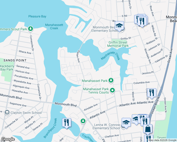 map of restaurants, bars, coffee shops, grocery stores, and more near 555 Patten Avenue in Long Branch