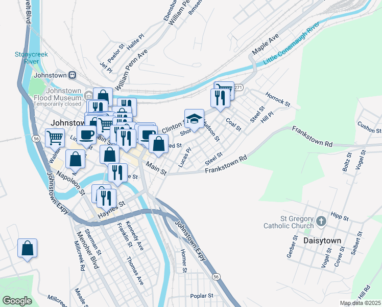 map of restaurants, bars, coffee shops, grocery stores, and more near 116 Kingston Place in Johnstown