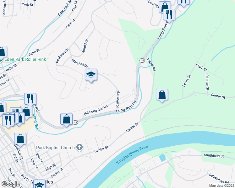 map of restaurants, bars, coffee shops, grocery stores, and more near 512 Marshall Drive in McKeesport
