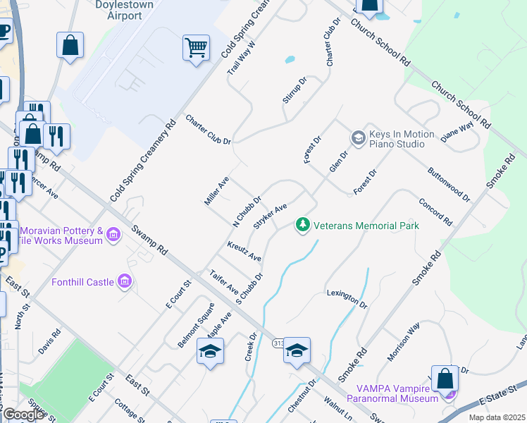 map of restaurants, bars, coffee shops, grocery stores, and more near 134 Myers Drive in Doylestown