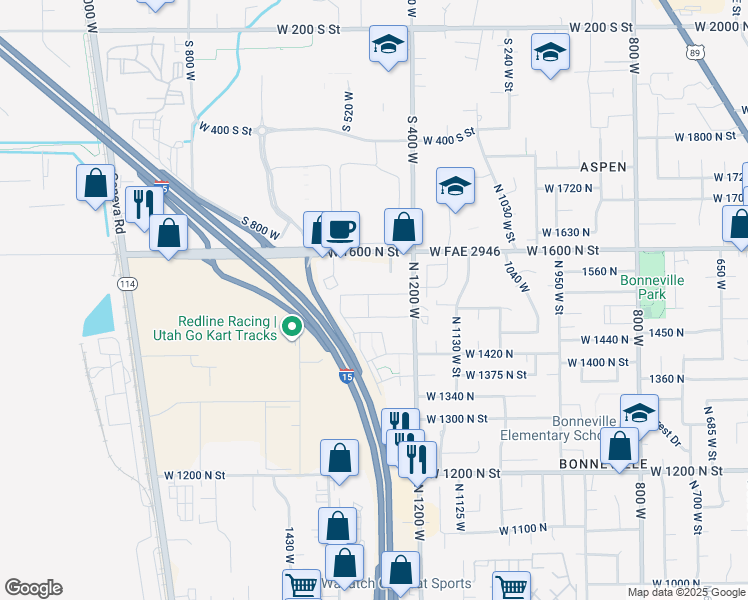 map of restaurants, bars, coffee shops, grocery stores, and more near 1260 West 1480 North Street in Orem