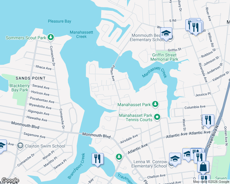 map of restaurants, bars, coffee shops, grocery stores, and more near 7 Rivergate Way in Long Branch