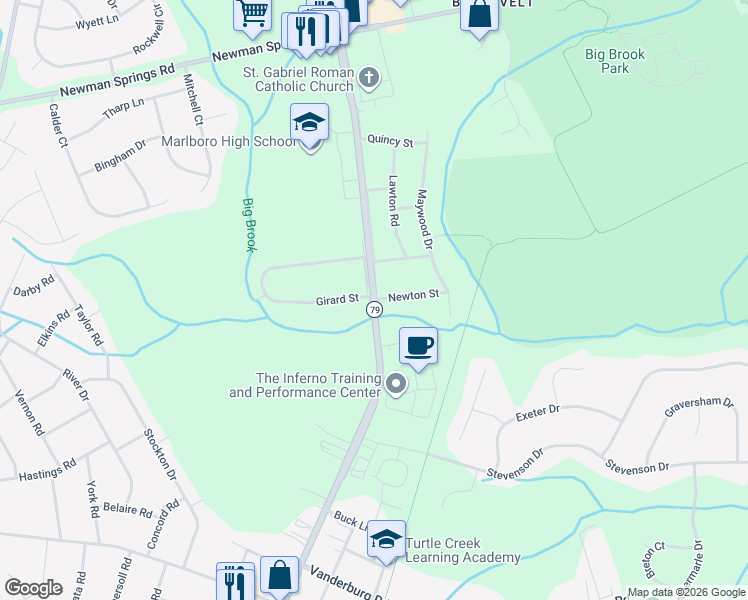 map of restaurants, bars, coffee shops, grocery stores, and more near 62 North Main Street in Marlboro
