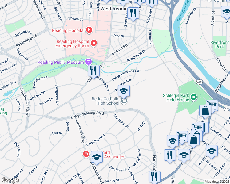 map of restaurants, bars, coffee shops, grocery stores, and more near 861 Parkside Drive South in Reading