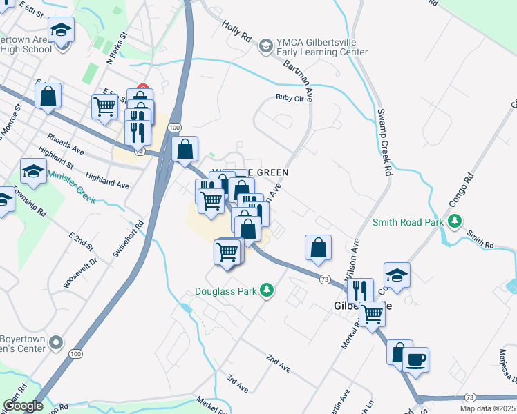 map of restaurants, bars, coffee shops, grocery stores, and more near 45 Bartman Avenue in Gilbertsville