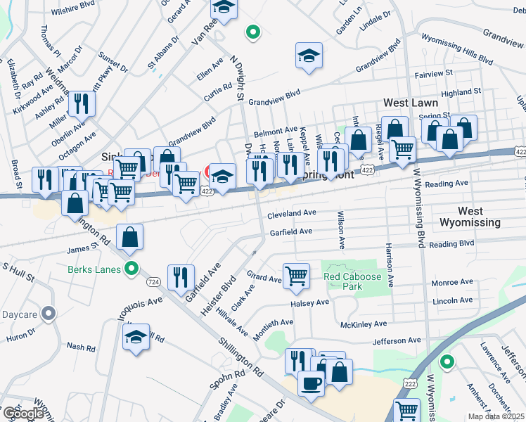 map of restaurants, bars, coffee shops, grocery stores, and more near 2656 Cleveland Avenue in West Lawn