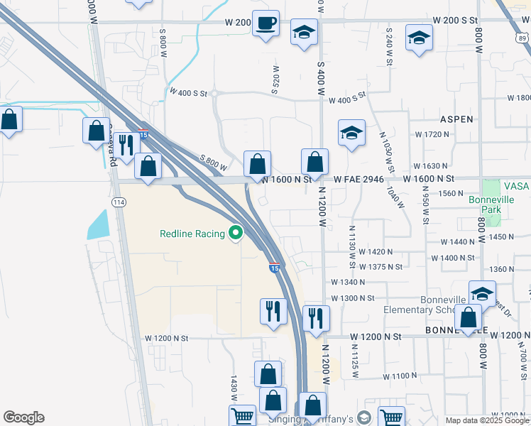 map of restaurants, bars, coffee shops, grocery stores, and more near 1503 North 1335 West in Orem