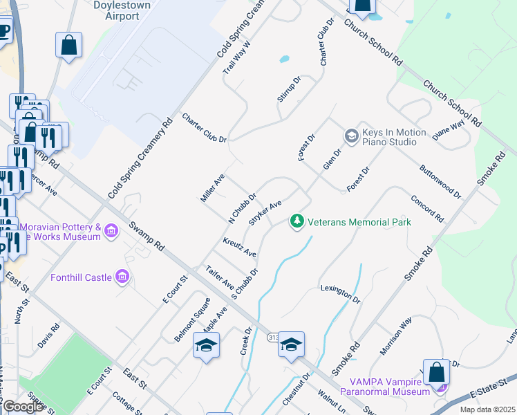 map of restaurants, bars, coffee shops, grocery stores, and more near 134 Myers Drive in Doylestown