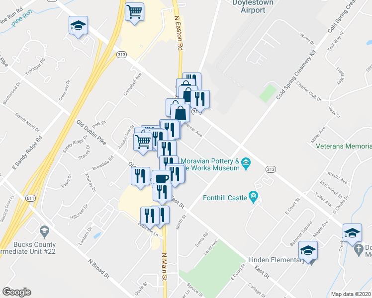 map of restaurants, bars, coffee shops, grocery stores, and more near 30 Chapman Avenue in Doylestown