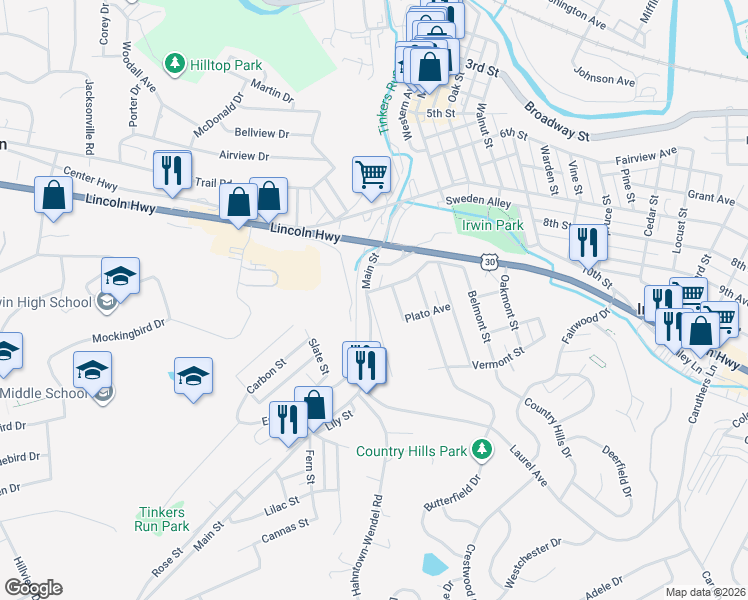 map of restaurants, bars, coffee shops, grocery stores, and more near 141 Front Street in Irwin